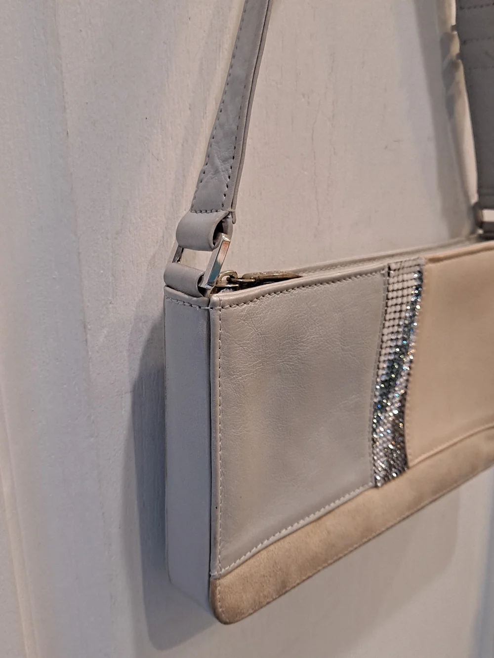Swarovski Crystals Y2k Beige Gray Tri-panel Colorblock Baguette Shoulder Bag